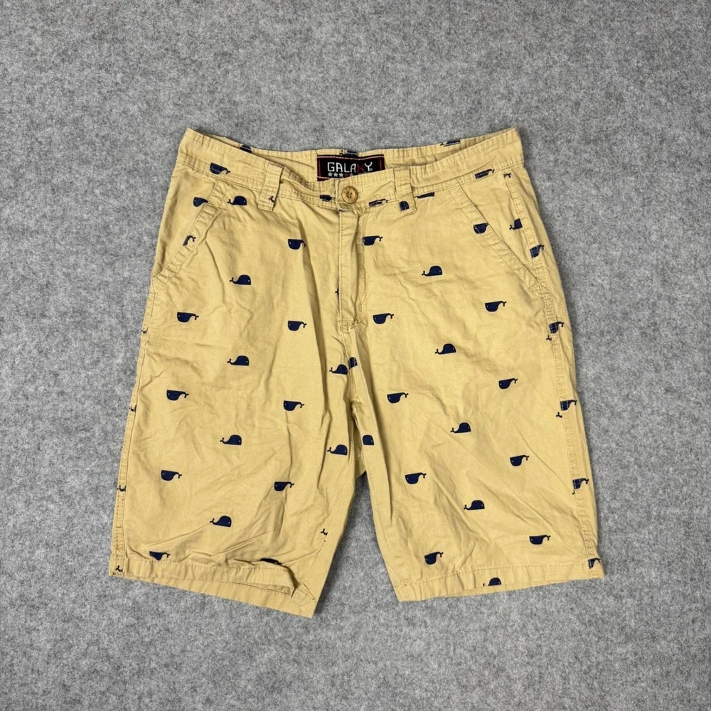 Galaxy by Harvic Mens Tan Khaki Whale Embroidered Chino Shorts Size 32 Preppy